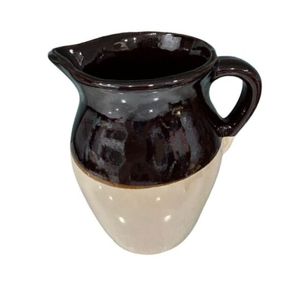 Vintage Stoneware Pottery Crock Pitcher 9" Brown Tan Two Tone with Handle - Picture 2 of 7